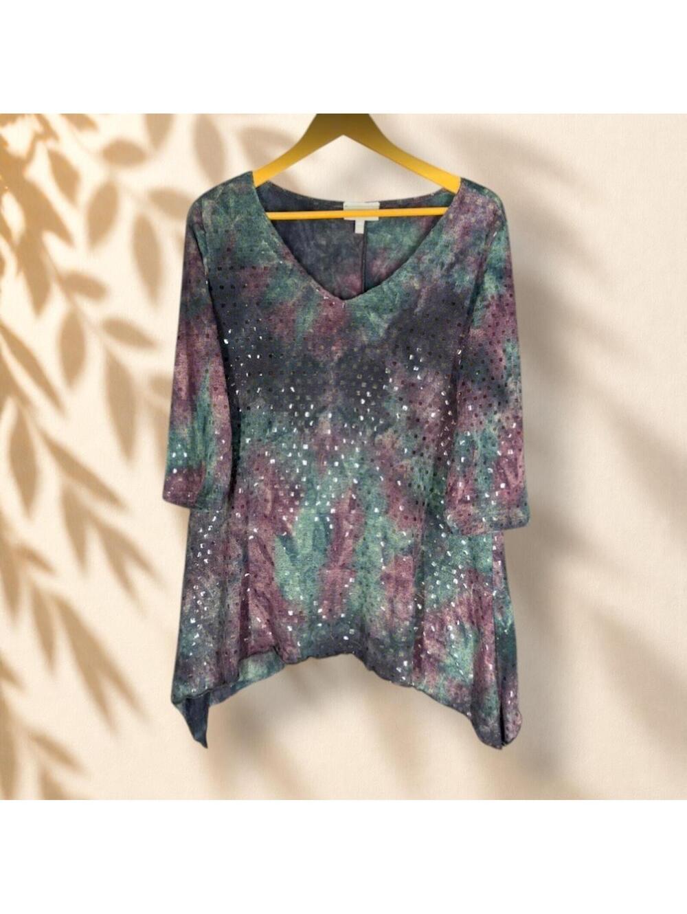 Essentials Tunic Top Women 0X Plus Gray Tie Dye 3/4 Sleeve Rhinestone V-Neck